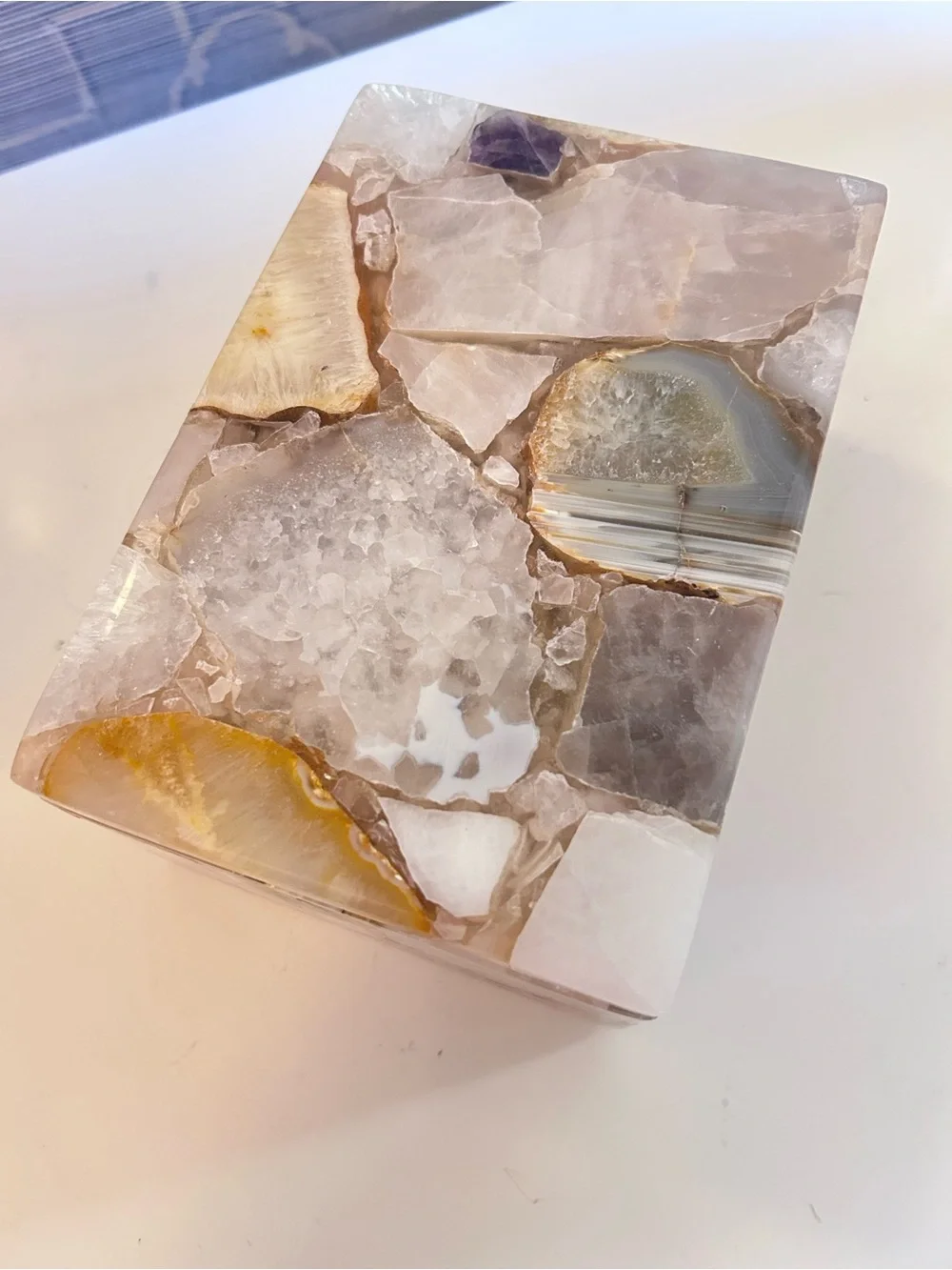 Handmade in India Natural Agate Druzy Amethyst Gemstone Mosaic Jewelry Box 7”